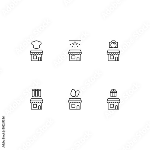 Outline symbol in modern flat style suitable for advertisement, books, stores. Line icon set with icons of chef, shower, photo camera, laboratory bulb, egg, giftbox over shop