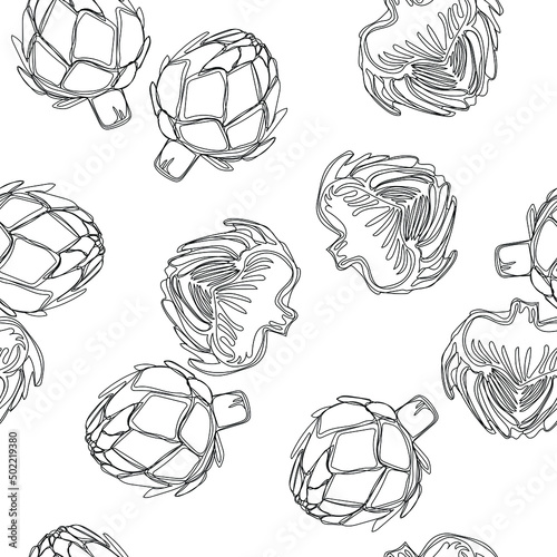 Seamless pattern with artichoke hand drawn texture. Isolated Vegetable engraved style background. Detailed vegetarian food drawing. Farm market product. Great for menu, packaging design, fabric