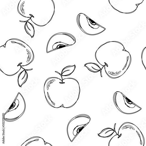 Seamless apple fruit sliced in half with seed and leaves pattern hand drawn sketch vector illustration