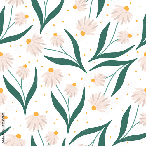 Fototapeta Naklejka Na Ścianę i Meble -  Chamomile summer or spring seamless pattern, flat vector illustration on white background. Cute daisy flowers. Floral repeated pattern.