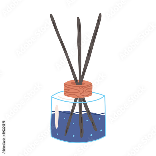 Aroma diffuser with bamboo stick or fragrance reed in glass jar, flat vector illustration isolated on white background. Aromatherapy, relaxation and meditation concepts. Home freshning equipment.