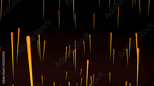 Rain of fire of fireballs or comets raining down setting ground aligh. Abstract animation of fire rain photo