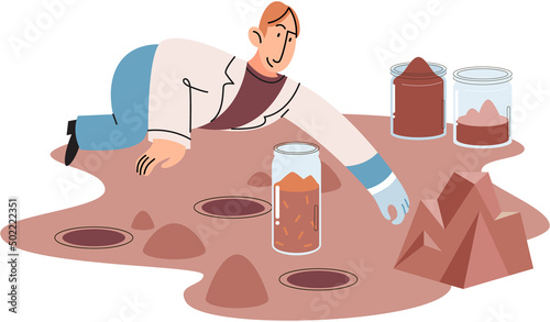 Scientist examines soil takes ground samples for laboratory chemical analysis of dirt condition. Natural resource study, and physical strucure analysis, soil laboratory test, measuring pollution level