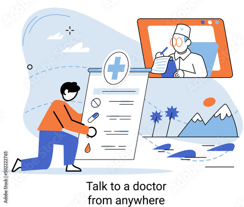 Online medical services mobile application consultation and prescription medicine professional doctor connecting and giving consultation for patient anywhere telemedicine metaphor, health care program