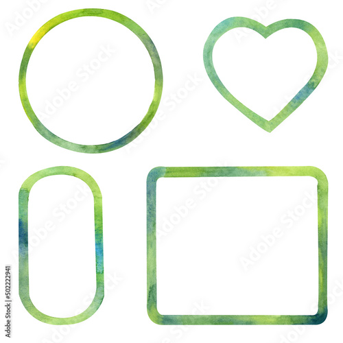 Watercolor green frame. Hand draw watercolor set of circle, rectangle, heart and oval borders. Isolated on white background.