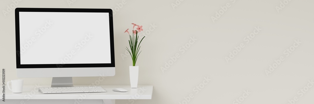 Fototapeta premium Blank computer screen and various items on desktop workspace in home office room. 3D renering illustration.