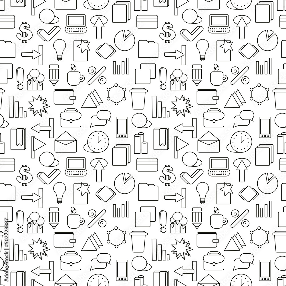 Different line style icons seamless pattern. Bussines, managment template. Business strategy wallpaper. Black and white marketing seamless pattern.
