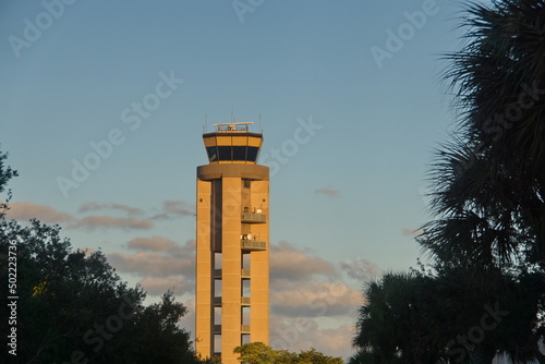 Obraz na plátně Air traffic control tower at the airport, at sunset, in Fort Lauderdale, Florida