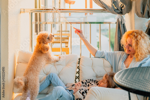 a little, happy girl, a child with a smile plays on a summer, spring vernada at home with mom and a dog at sunset. family weekend evening. dog, pets as a family member.