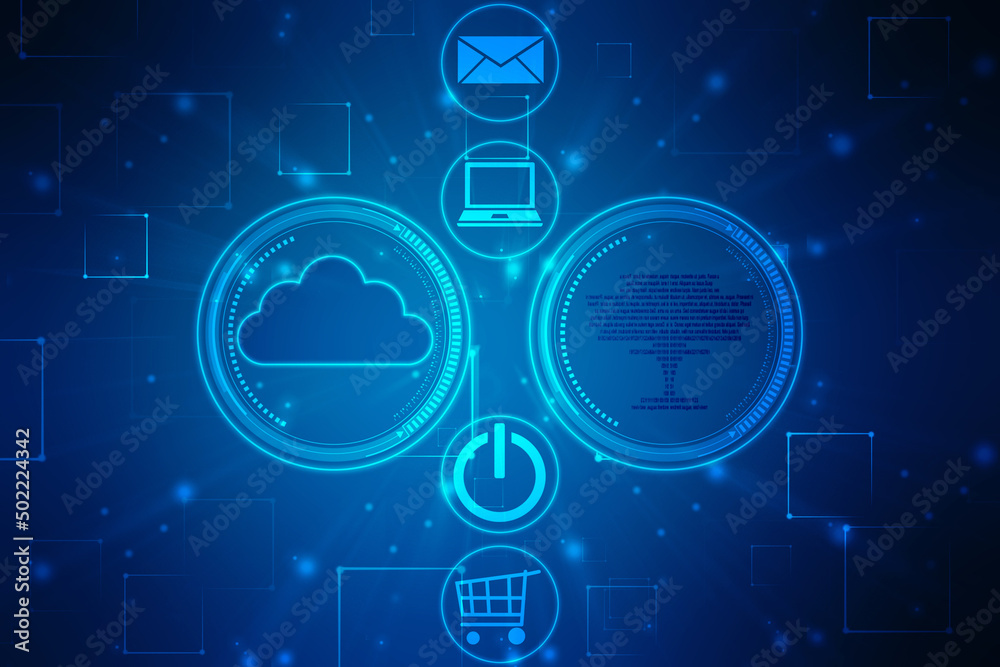 Obraz premium 2d illustration of Cloud computing, Digital Cloud computing Concept background. Cyber technology, internet data storage, database and data server concept