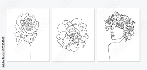Set of faces with flower. Abstract minimal portrait. - Vector illustration