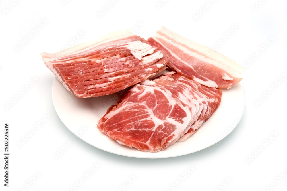 Pork slices on white background.