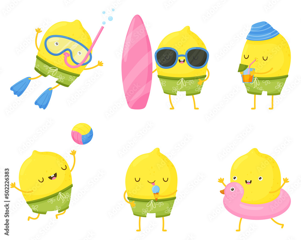 Fototapeta premium Fun summer elements. Cute lemons are having fun. Illustrations of summer fun in the pool, at the sea and on the beach.