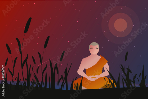 Thai monk is meditating by the river in the middle of the night, flat vector illustration
