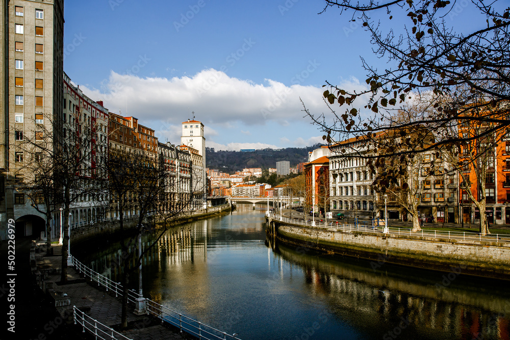 View of Bilbao, Spain city downtown with a Nevion River.