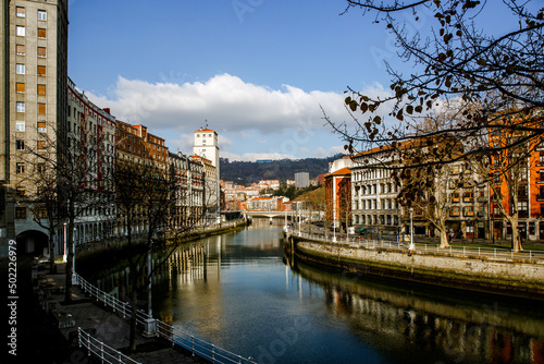 View of Bilbao, Spain city downtown with a Nevion River.