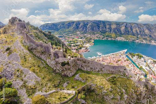 Montenegro. Bay of Kotor, Gulf of Kotor, Boka Kotorska and walled old city. Fortifications of Kotor is on UNESCO World Heritage List since 1979