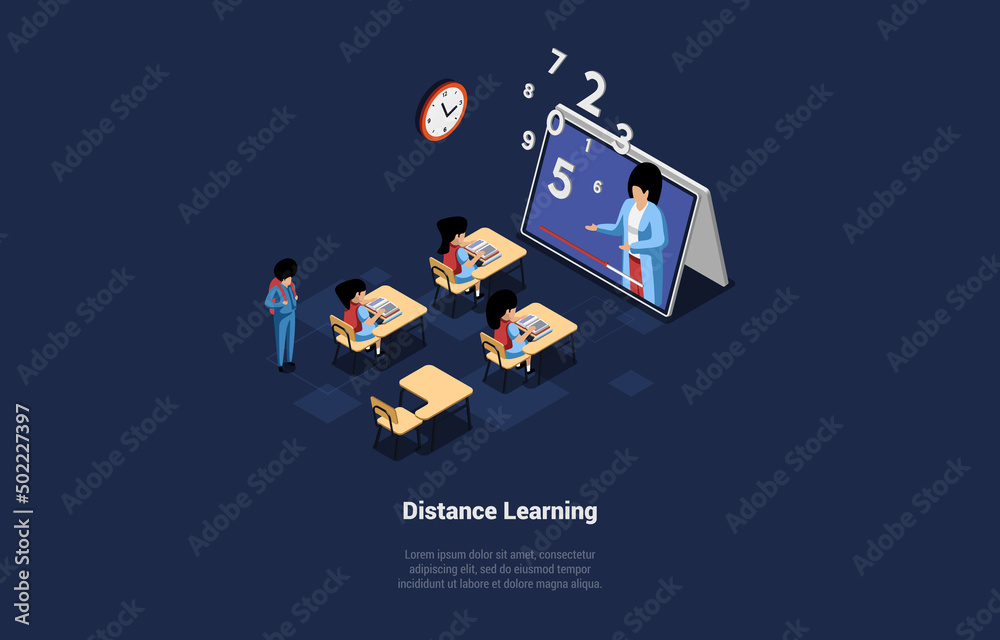 Concept Of Distance Learning. Students Sitting At Desks In Classroom And Listen To Teacher On Tablet Screen. Characters Having An Remote Exam In Classroom. Isometric Cartoon 3d Vector Illustration