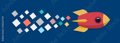 Rocket with smoke made of pixels. Concept of startup and digital work. Banner, illustration pattern