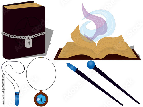 Magic books, wands and necklaces collection vector illustration