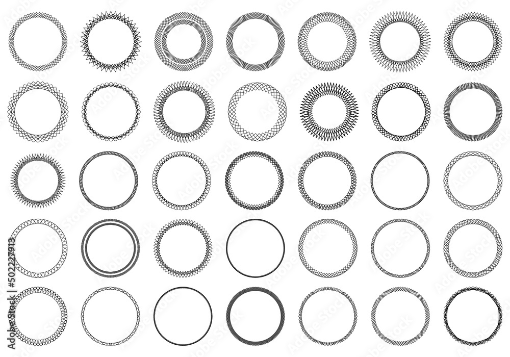 Large set of round frames. Border made of lines. Geometric ornaments. Circle shapes. Designer templates for invitations and holiday cards.