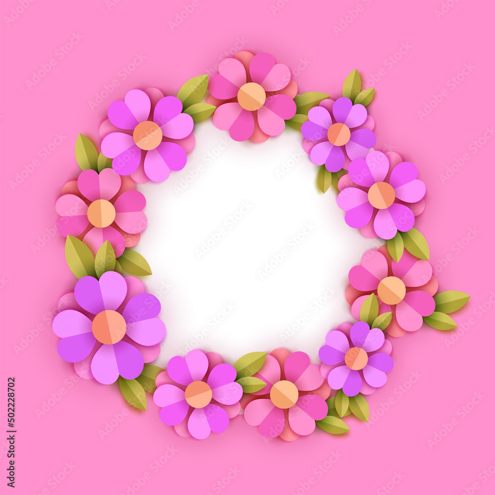 Paper Cut Floral Circular Frame With Copy Space On White And Pink Background.