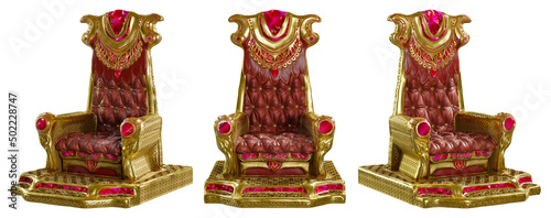 The set of the antique golden king's throne is rendered in 3D and isolated on a white backdrop.