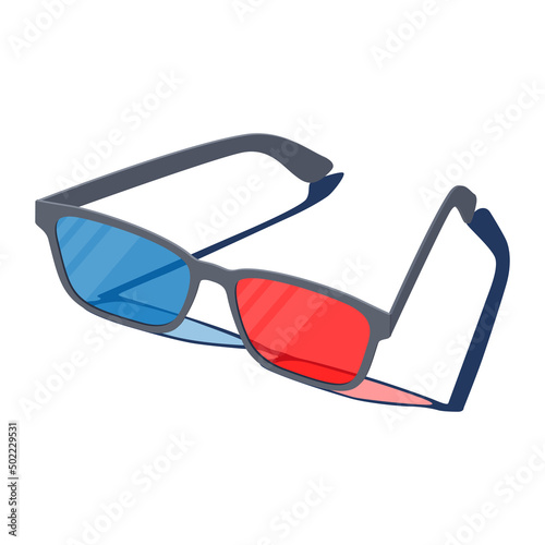 3D realistic eyeglasses with red and blue lenses. Vector isometric illustration for home film movie and cinema on a yellow background.