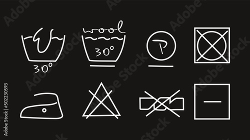 Wool clothes care icon set. Laundry symbols for delicate fabric. Simple white hand drawn vector illustrations isolated on black. photo