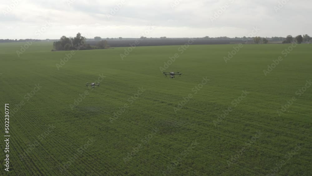 Agro drone works on the field. Field treatment with chemicals. Spraying pesticides against pests. Innovations in the agricultural sector. New technologies. Aerial. Agro drone works on the field. Field treatment with chemicals. Spraying pesticides against pests. Innovations in the agricultural sector. New technologies. Aerial.