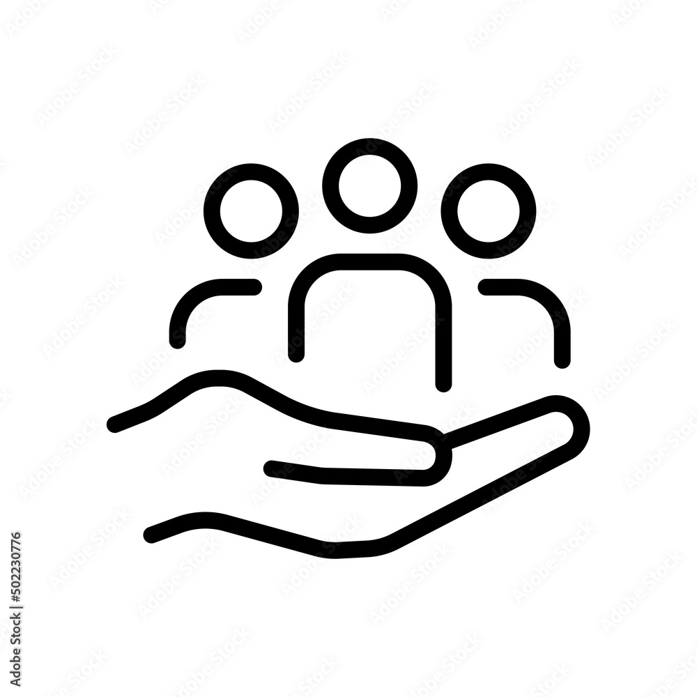 Safe people symbol. Hand holds people. Icon vector illustration in outline style