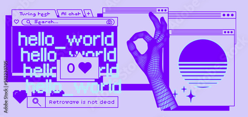 Retrowave style desktop screen with different user interface elements: message boxes and tabs.