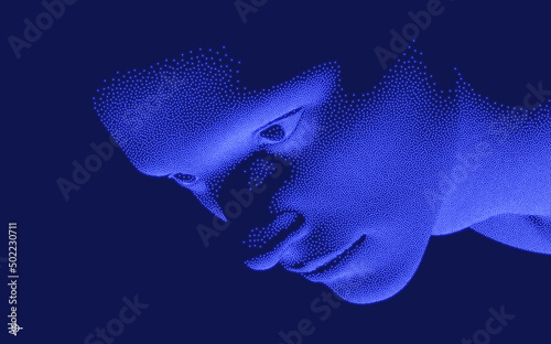 Man's face looking down. Abstract digital human head. Minimalistic design for business presentations, flyers or posters. Pixel art. 3d vector illustration.