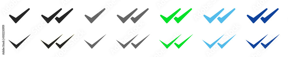 Set of double check icons. Double check symbol, sent, delivered, seen. Message status, chat icon with double check mark. Vector. Set of double check icons. Double check symbol, sent, delivered, seen. Message status, chat icon with double check mark. Vector.
