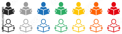 Set of reading book or learning icons. Reader symbol, education icons. Vector illustration.