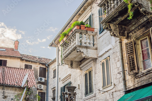 Colorful street in Old town of Kotor on a sunny day, Montenegro