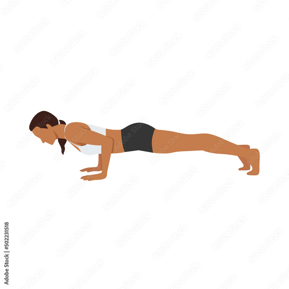 Woman doing Low plank pose Chaturanga dandasana exercise. Flat vector illustration isolated on white background