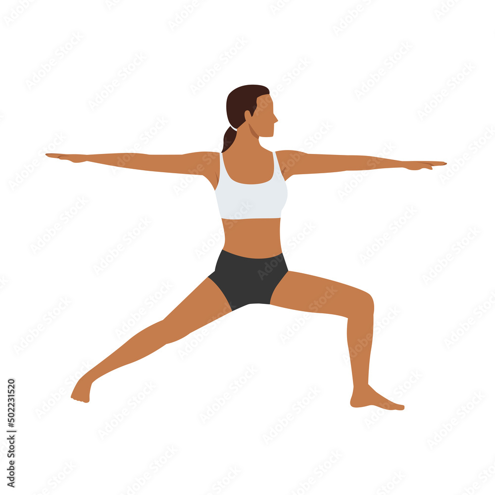 Woman doing warrior II pose virabhadrasana II exercise. Flat vector illustration isolated on white background