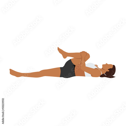 Woman doing pawanmuktasana wind release pose exercise. Flat vector illustration isolated on white background