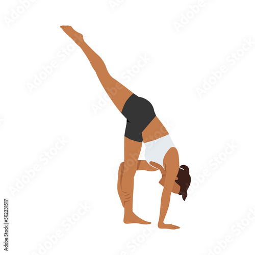 Woman doing Standing split pose urdhva prasarita era padasana exercise. Flat vector illustration isolated on white background photo