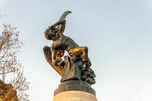 Madrid, Spain. The Fuente del Angel Caido (Monument of the Fallen Angel), a fountain located in the Buen Retiro Park