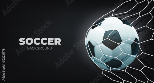 Soccer ball in goal net with black background. Realistic football in net. Football banner. Vector stock