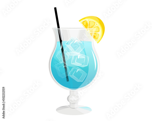 Blue lagoon cocktail .Summer refreshing drink with ice cubes and lemon.Vector illustration.