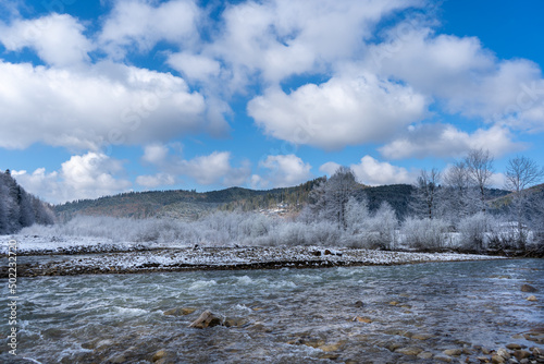 Winter landscape of the mountain river. Scenic image of frozen fir trees. Carpathian mountains, Ukraine