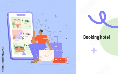 Flat vector illustration with male character uses a mobile application to make hotel reservations. On the phone screen different options for vacation hotes or hostels. Concept of booking hotel.