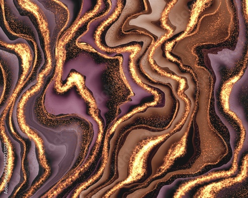abstract texture with alcohol ink in brown and violet colors with golden lines