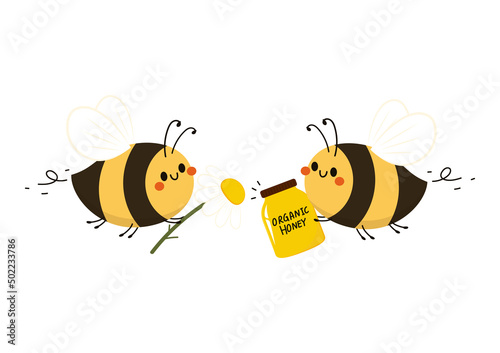 Cute bee cartoon with lettering on white background vector. Bee and  honey jar vector.