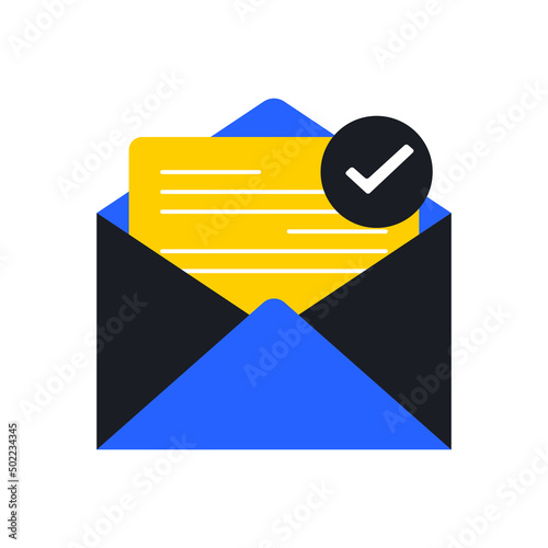 Read and acknowledged email icon. Envelope with document in blue and yellow isolated on white. Modern flat design. vector.