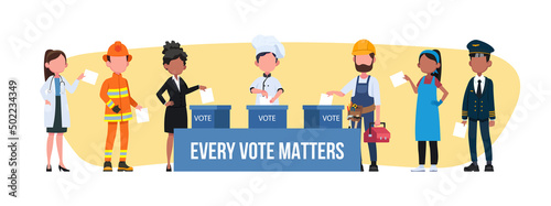 Election Day, Different Occupations Vote at the polling place people putting paper ballot in box