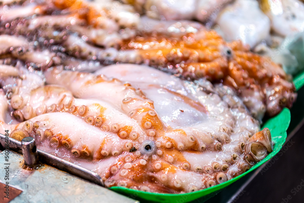 Fish market in Spain. Seafood stall. Octopus Fish market in Spain. Seafood stall. Octopus